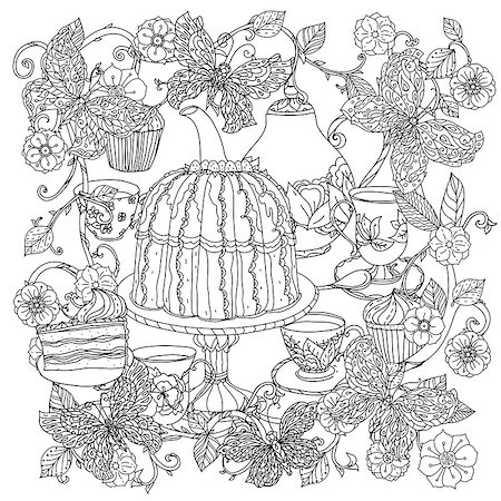 designs for background black and white colors - Uncoloured cakes and butterfly for adult coloring book in famous zenart art therapy antistress style. Hand-drawn, retro, doodle, vector, mandala style, uncoloured for coloring book or poster design. Stock Photo - Budget Royalty-Free & Subscription, Code: 400-08624404