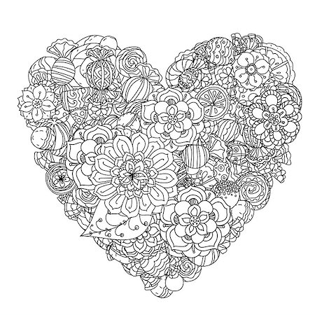 simsearch:400-08616791,k - Uncoloured flowers and sweets for adult coloring book in famous zenart art therapy antistress style. Hand-drawn, retro, doodle, vector, mandala style, uncoloured for coloring book or poster design. Foto de stock - Super Valor sin royalties y Suscripción, Código: 400-08624405