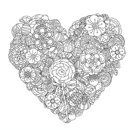 simsearch:400-08616791,k - Uncoloured flowers and sweets for adult coloring book in famous zenart art therapy antistress style. Hand-drawn, retro, doodle, vector, mandala style, uncoloured for coloring book or poster design. Foto de stock - Super Valor sin royalties y Suscripción, Código: 400-08624406