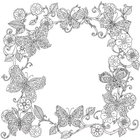 designs for background black and white colors - Uncoloured flowers and butterfly for adult coloring book in famous zenart art therapy antistress style. Hand-drawn, retro, doodle, vector, mandala style, uncoloured for coloring book or poster design. Stock Photo - Budget Royalty-Free & Subscription, Code: 400-08624407