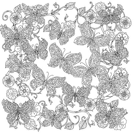 designs for background black and white colors - Uncoloured flowers and butterfly for adult coloring book in famous zenart art-therapy antistress style. Hand-drawn, retro, doodle, vector, mandala style, uncoloured for coloring book or poster design. Stock Photo - Budget Royalty-Free & Subscription, Code: 400-08624409