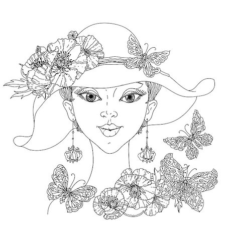 Uncoloured girlish face for adult coloring book in famous zenart art therapy antistress style. Hand-drawn, retro, doodle, vector, mandala style, uncoloured for coloring book or poster design Stock Photo - Budget Royalty-Free & Subscription, Code: 400-08624401