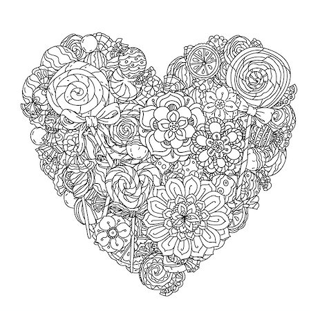 simsearch:400-08616791,k - Uncoloured flowers and sweets for adult coloring book in famous zenart art therapy antistress style. Hand-drawn, retro, doodle, vector, mandala style, uncoloured for coloring book or poster design. Foto de stock - Super Valor sin royalties y Suscripción, Código: 400-08624402