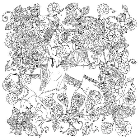 designs for background black and white colors - Uncoloured prince, princess and butterfly for adult coloring book in famous zenart art therapy antistress style. Hand-drawn, retro, doodle, vector, mandala style, uncoloured for coloring book Stock Photo - Budget Royalty-Free & Subscription, Code: 400-08624414