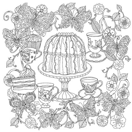 designs for background black and white colors - Uncoloured cakes and butterfly for adult coloring book in famous zenart art therapy antistress style. Hand-drawn, retro, doodle, vector, mandala style, uncoloured for coloring book or poster design. Stock Photo - Budget Royalty-Free & Subscription, Code: 400-08624415