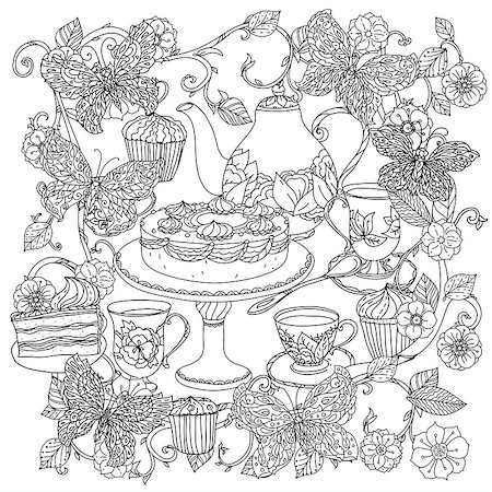 designs for background black and white colors - Uncoloured cakes and butterfly for adult coloring book in famous zenart art therapy antistress style. Hand-drawn, retro, doodle, vector, mandala style, uncoloured for coloring book or poster design. Stock Photo - Budget Royalty-Free & Subscription, Code: 400-08624416