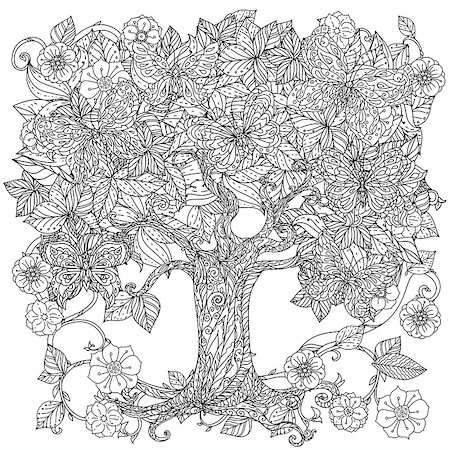 designs for background black and white colors - Uncoloured tree and butterfly for adult coloring book in famous zenart art therapy antistress style. Hand-drawn, retro, doodle, vector, mandala style, uncoloured for coloring book or poster design. Stock Photo - Budget Royalty-Free & Subscription, Code: 400-08624417