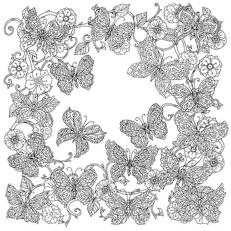 designs for background black and white colors - Uncoloured flowers and butterfly for adult coloring book in famous zenart art-therapy antistress style. Hand-drawn, retro, doodle, vector, mandala style, uncoloured for coloring book or poster design. Stock Photo - Budget Royalty-Free & Subscription, Code: 400-08624410