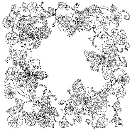 designs for background black and white colors - Uncoloured flowers and butterfly for adult coloring book in famous zenart art-therapy antistress style. Hand-drawn, retro, doodle, vector, mandala style, uncoloured for coloring book or poster design. Stock Photo - Budget Royalty-Free & Subscription, Code: 400-08624412