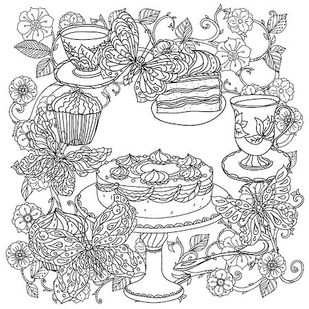 designs for background black and white colors - Uncoloured cakes and butterfly for adult coloring book in famous zenart art therapy antistress style. Hand-drawn, retro, doodle, vector, mandala style, uncoloured for coloring book or poster design. Stock Photo - Budget Royalty-Free & Subscription, Code: 400-08624413