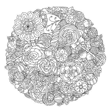 simsearch:400-08616791,k - Uncoloured flowers and sweets for adult coloring book in famous zenart art therapy antistress style. Hand-drawn, retro, doodle, vector, mandala style, uncoloured for coloring book or poster design. Foto de stock - Super Valor sin royalties y Suscripción, Código: 400-08624421