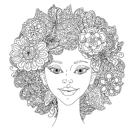 Uncoloured girlish face for adult coloring book in famous zenart art therapy antistress style. Hand-drawn, retro, doodle, vector, mandala style, uncoloured for coloring book or poster design Stock Photo - Budget Royalty-Free & Subscription, Code: 400-08624422