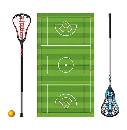 An illustration of a lacrosse field with colorful lacrosse sticks and ball isolated on white. Vector EPS 10 available. Fotografie stock - Microstock e Abbonamento, Codice: 400-08624988