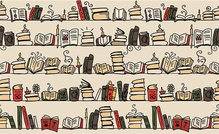 Seamless pattern with books on bookshelves, sketch for your design. Vector illustration Stock Photo - Budget Royalty-Free & Subscription, Code: 400-08625015