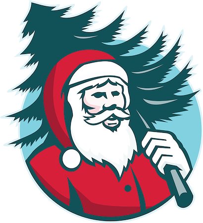 Illustration of santa claus kris kringle carrying a christmas tree on shoulder facing front set inside circle done in retro style on isolated white background. Stock Photo - Budget Royalty-Free & Subscription, Code: 400-08625137