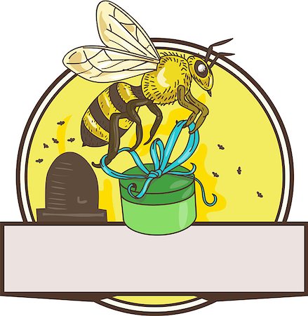 simsearch:400-08623964,k - Drawing sketch style illustration of a worker honey bee carrying a round gift box present with skep in the background set inside circle. Foto de stock - Royalty-Free Super Valor e Assinatura, Número: 400-08625164