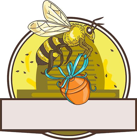 simsearch:400-08623964,k - Drawing sketch style illustration of a worker honey bee carrying a honey pot with ribbon with skep in the background set inside circle. Foto de stock - Royalty-Free Super Valor e Assinatura, Número: 400-08625174