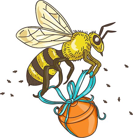simsearch:400-08623964,k - Drawing sketch style illustration of a worker honey bee carrying a honey pot with ribbon viewed from the side set on isolated white background. Foto de stock - Royalty-Free Super Valor e Assinatura, Número: 400-08625175