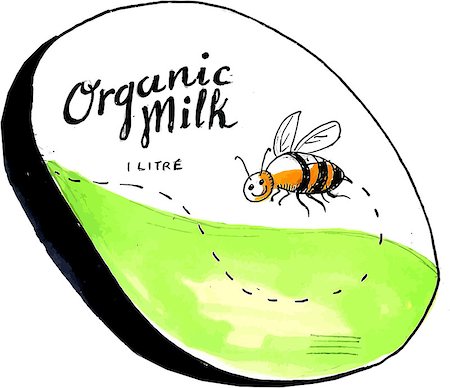 simsearch:400-08623964,k - Drawing sketch style illustration of an organic milk 1 litre label with a flying worker honey bee. Foto de stock - Royalty-Free Super Valor e Assinatura, Número: 400-08625182