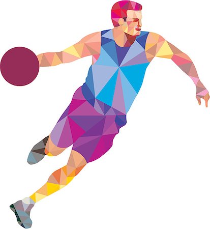 simsearch:400-08653412,k - Low polygon style illustration of a basketball player dribbling ball looking to the side viewed from front on isolated white background. Stock Photo - Budget Royalty-Free & Subscription, Code: 400-08625217
