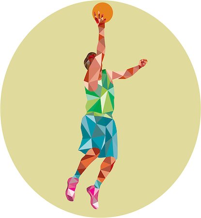simsearch:400-08653412,k - Low polygon style illustration of a basketball player lay up rebounding ball set inside circle. Stock Photo - Budget Royalty-Free & Subscription, Code: 400-08625218