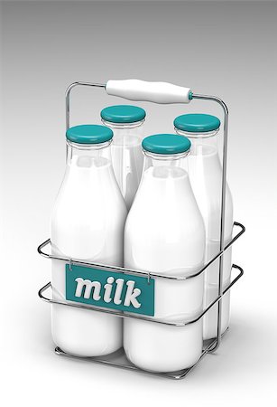 simsearch:400-04499805,k - Four glass bottles of milk with light blue caps in a metal carrying case with holder and word milk written on the front on white background Photographie de stock - Aubaine LD & Abonnement, Code: 400-08625728