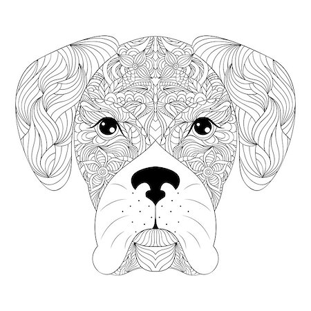 Vector illustration of head of dog on white background.Coloring page for adult. Stock Photo - Budget Royalty-Free & Subscription, Code: 400-08625924