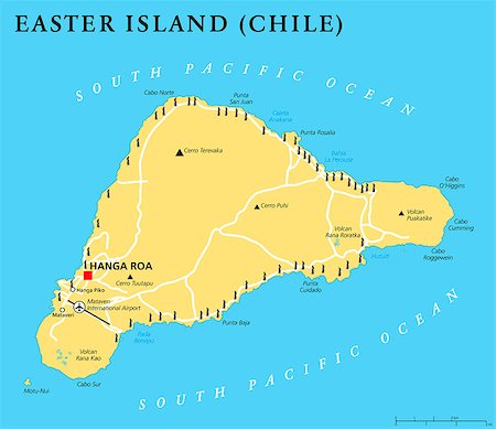 Easter Island political map with capital Hanga Roa, important places, lakes and monumental Moai statues. Chilean island in the South Pacific Ocean. English labeling and scaling. Illustration. Fotografie stock - Microstock e Abbonamento, Codice: 400-08626060