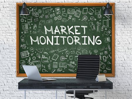 simsearch:400-08772702,k - Market Monitoring Concept Handwritten on Green Chalkboard with Doodle Icons. Office Interior with Modern Workplace. White Brick Wall Background. 3D. Stock Photo - Budget Royalty-Free & Subscription, Code: 400-08626175