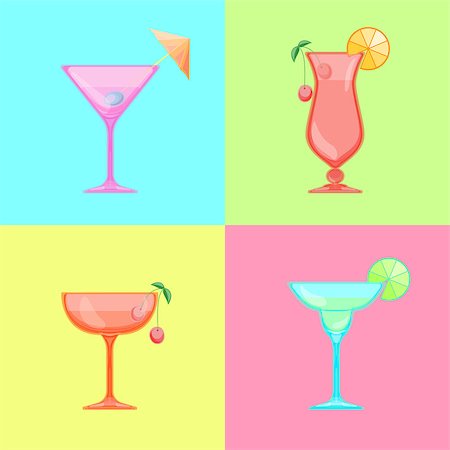 simsearch:400-04616101,k - Set of cocktail icons. Martini glass with olive. Margarita cocktail glass with lime. Saucer and champagne glass with cherry. Hurricane cocktail, pina colada glass. Candy Relax summer background. Foto de stock - Super Valor sin royalties y Suscripción, Código: 400-08626200