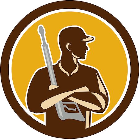 simsearch:400-08680419,k - Illustration of power washer worker with arms crossed holding pressure washing gun looking to the side viewed from front set inside circle on isolated background done in retro style. Stock Photo - Budget Royalty-Free & Subscription, Code: 400-08626378