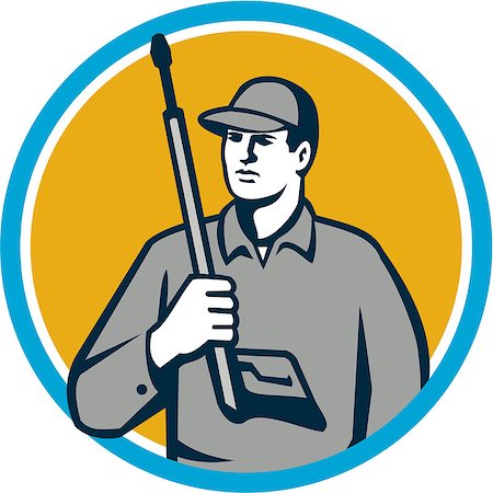 simsearch:400-08680419,k - Illustration of power washer worker holding pressure washing gun on shoulder looking to the side viewed from front set inside circle on isolated background done in retro style. Stock Photo - Budget Royalty-Free & Subscription, Code: 400-08626370
