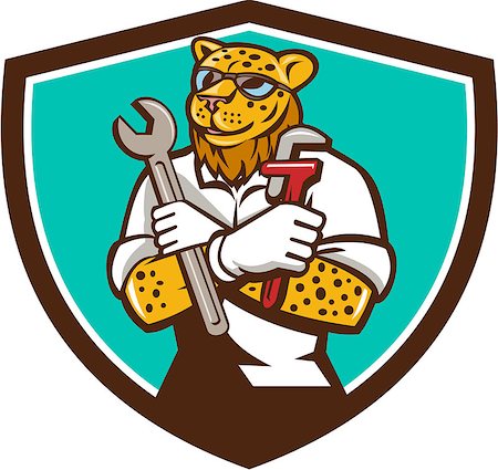 simsearch:400-08620286,k - `Illustration of a leopard mechanic holding spanner and monkey wrench with arms crossed viewed from front set inside shield crest on isolated background done in cartoon style. Foto de stock - Super Valor sin royalties y Suscripción, Código: 400-08626389