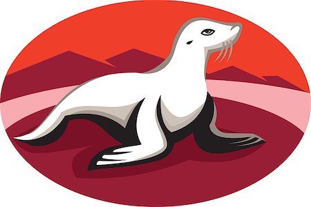 Illustration of a new zealand fur seal retro on the beach with mountains in background done in retro style set inside oval. Foto de stock - Royalty-Free Super Valor e Assinatura, Número: 400-08626397