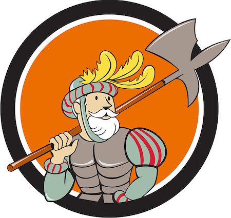 simsearch:400-08919969,k - Illustration of a spanish conquistador holding ax sword lance on shoulder looking to the side viewed from front set inside circle done in cartoon style. Foto de stock - Super Valor sin royalties y Suscripción, Código: 400-08626393