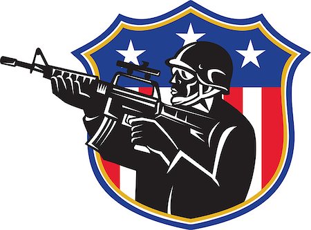 simsearch:400-08620286,k - Illustration of an american soldier swat policeman holding m4 carbine rifle set inside shield with stars and stripes usa flag in the background done in retro style. Foto de stock - Super Valor sin royalties y Suscripción, Código: 400-08626406