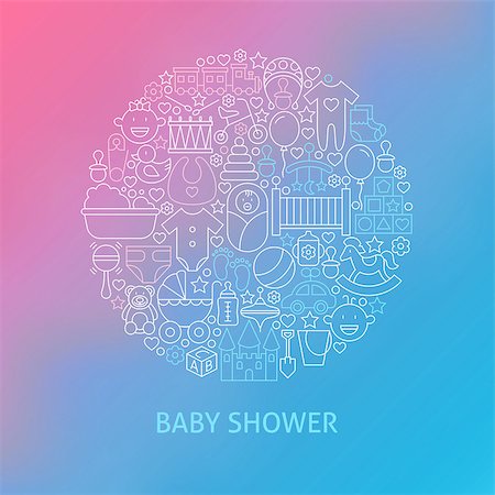 Thin Line Baby Shower Icons Set Circle Concept. Vector Illustration of Newborn Child and Toys Outline Objects over Blue and Pink Blurred Background. Stock Photo - Budget Royalty-Free & Subscription, Code: 400-08626437