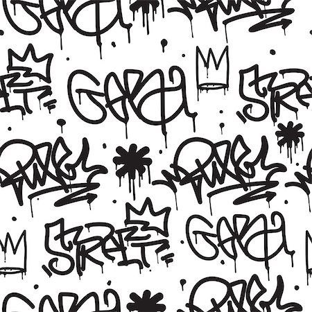symbols modern art - Graffiti background seamless pattern. Vector Tags, writing. Graffiti hand style, old school. King of style, street art texture. Monochrome black and white colors Stock Photo - Budget Royalty-Free & Subscription, Code: 400-08626468