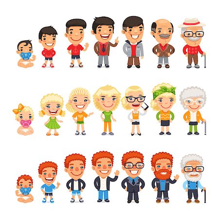 elderly characters - Three characters generations at different ages. Man and woman aging set. Baby, child, teenager, young, adult, old. Isolated on white background. Clipping paths included. Stock Photo - Budget Royalty-Free & Subscription, Code: 400-08626491