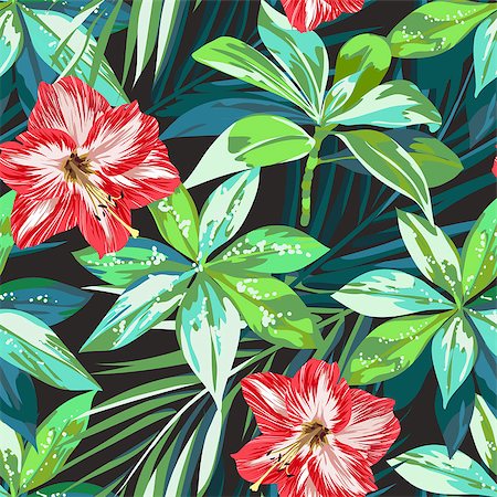 simsearch:400-08754428,k - Summer colorful hawaiian seamless pattern with tropical plants and hibiscus flowers, vector illustration Stock Photo - Budget Royalty-Free & Subscription, Code: 400-08626590