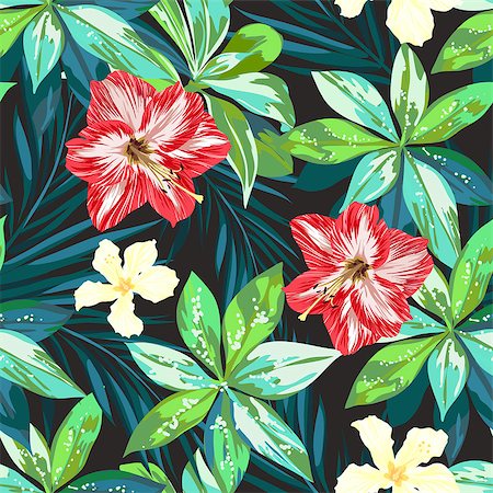 simsearch:400-08754428,k - Summer colorful hawaiian seamless pattern with tropical plants and hibiscus flowers, vector illustration Stock Photo - Budget Royalty-Free & Subscription, Code: 400-08626591