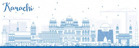 simsearch:400-08628897,k - Outline Karachi Skyline with Blue Landmarks. Vector Illustration. Business Travel and Tourism Concept with Historic Buildings. Image for Presentation Banner Placard and Web Site. Foto de stock - Super Valor sin royalties y Suscripción, Código: 400-08626937