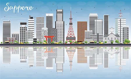 people japan big city - Sapporo Skyline with Gray Buildings, Blue Sky and Reflections. Vector Illustration. Business and Tourism Concept with Modern Buildings. Image for Presentation, Banner, Placard or Web Site. Photographie de stock - Aubaine LD & Abonnement, Code: 400-08626941