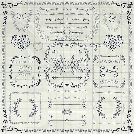 simsearch:400-08755813,k - Pen Drawing Sketched Decorative Doodle Design Elements. Frames, Text Frames, Dividers, Floral Branches, Borders, Brackets on Crumpled Notebook Texture. Vector Illustration Stock Photo - Budget Royalty-Free & Subscription, Code: 400-08626992