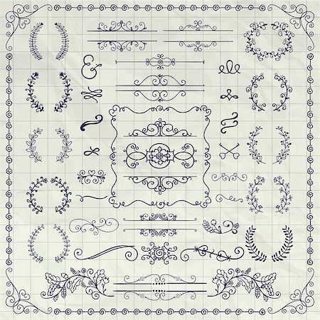 simsearch:400-08755813,k - Pen Drawing Sketched Decorative Doodle Design Elements. Frames, Text Frames, Dividers, Floral Branches, Borders, Brackets on Crumpled Notebook Texture. Vector Illustration Stock Photo - Budget Royalty-Free & Subscription, Code: 400-08626993