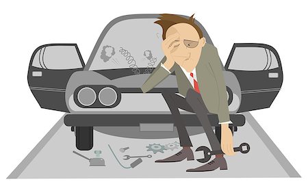 simsearch:400-08612289,k - Upset man with wrench seats on bumper of the broken the car Stock Photo - Budget Royalty-Free & Subscription, Code: 400-08627207
