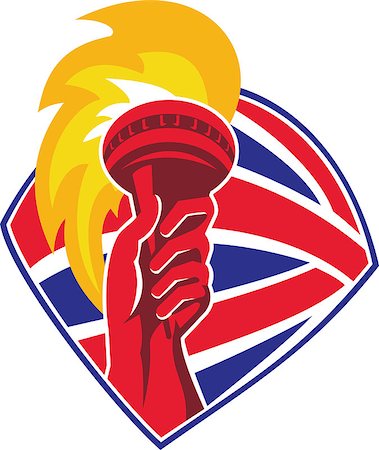 simsearch:400-05331205,k - Illustration of a hand holding flaming torch set inside shield with great britain british flag in background done in retro style. Foto de stock - Royalty-Free Super Valor e Assinatura, Número: 400-08627336