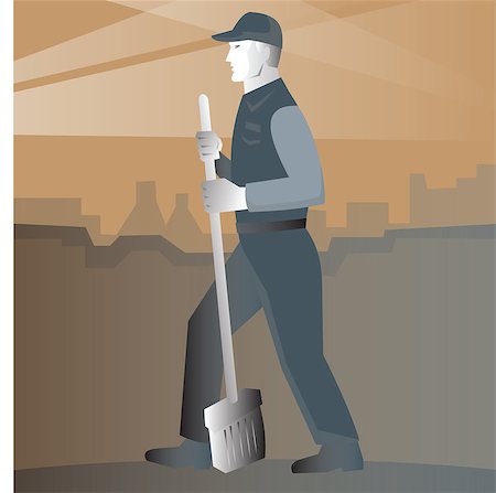 vector illustration of a cleaner street sweeper with broom working in street with building in background done in art deco retro style. Foto de stock - Super Valor sin royalties y Suscripción, Código: 400-08627331