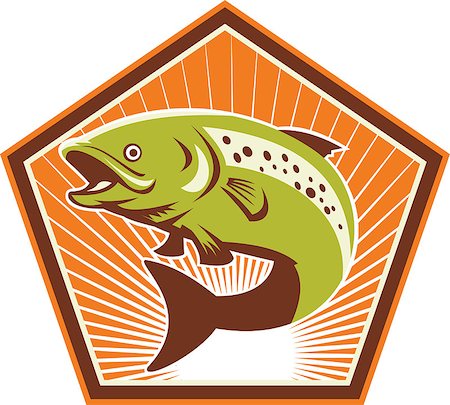simsearch:400-08620286,k - Illustration of a trout fish jumping with sunburst in background set inside pentagon shield shape done in retro style. Foto de stock - Super Valor sin royalties y Suscripción, Código: 400-08627342