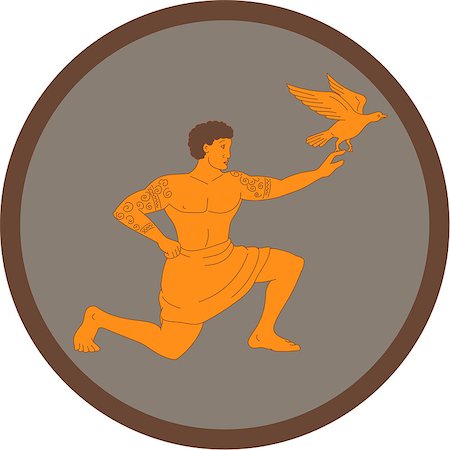 simsearch:400-08617785,k - Illustration of Samoan legend god Tagaloa kneeling releasing plover bird daughter viewed from side set inside circle done in retro style. Stock Photo - Budget Royalty-Free & Subscription, Code: 400-08627364